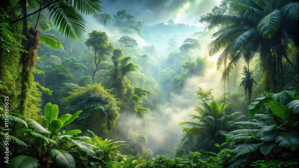 Exotic foggy forest landscape with lush foliage and misty atmosphere, jungle, panorama, oasis, nature, dark, mist, trees Exotic foggy forest landscape with lush foliage and misty atmosphere, jungle, panorama, oasis, nature, dark, mist, trees