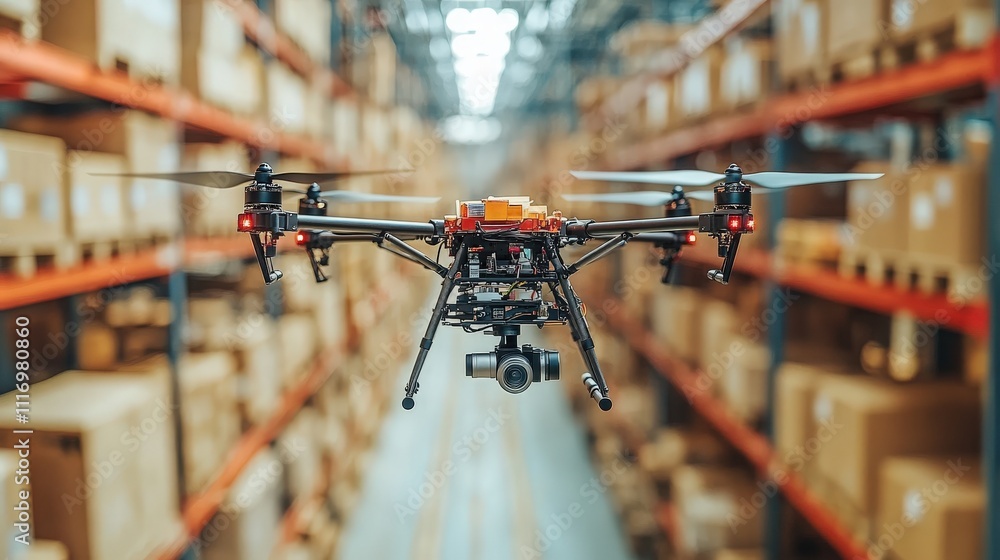 Aerial View of a Drone Capturing Inventory in a Warehouse with Shelving and Cardboard Boxes in a Modern Distribution Center Aerial View of a Drone Capturing Inventory in a Warehouse with Shelving and Cardboard Boxes in a Modern Distribution Center