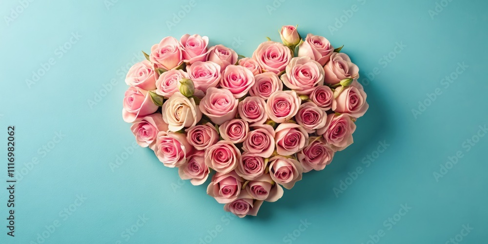 Heart-Shaped Bouquet of Pink Roses on Pastel Blue Background for Minimalist Valentine's Day, Easter, Wedding, or Mother's Day Floral Layout Heart-Shaped Bouquet of Pink Roses on Pastel Blue Background for Minimalist Valentine's Day, Easter, Wedding, or Mother's Day Floral Layout