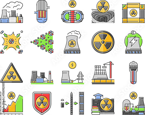 nuclear energy power plant icons set vector. station reactor, station atomic, industry radioactive, tower factory pollution nuclear energy power plant color line illustrations