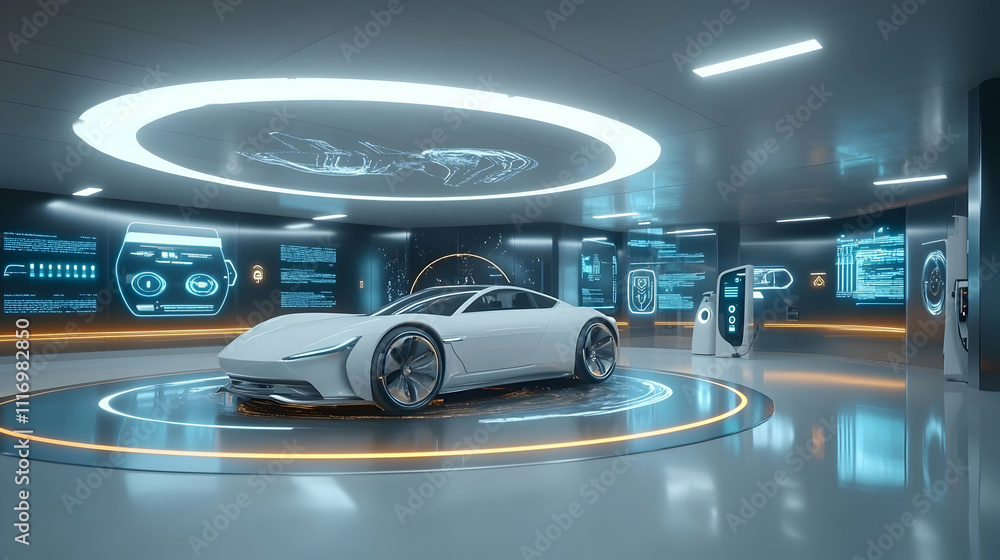Obraz premium Futuristic white electric car in a smart garage with holographic displays.