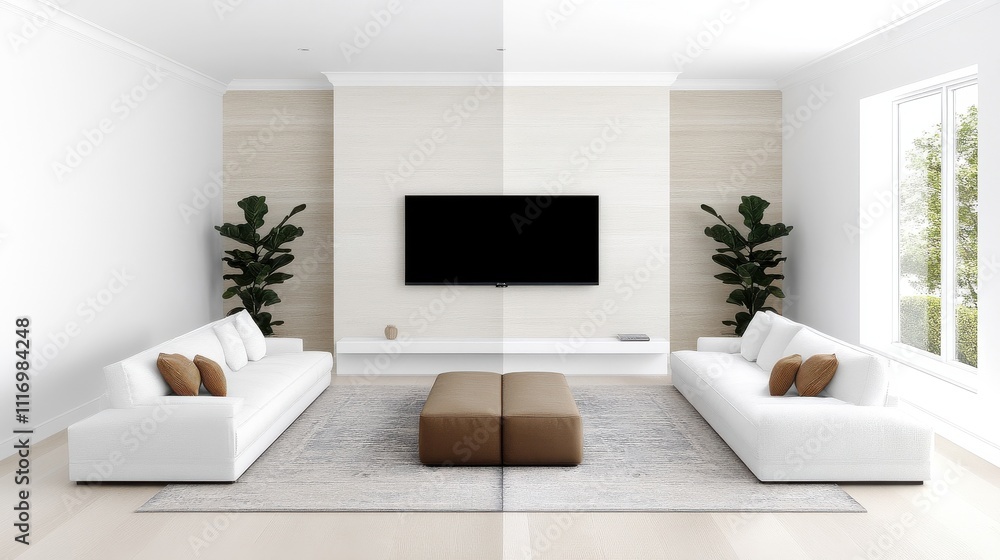 Fototapeta premium [Room Layout Design Perspective Photography] Modern Minimalist Living Room with Dark Framed Mirror and Fireplace