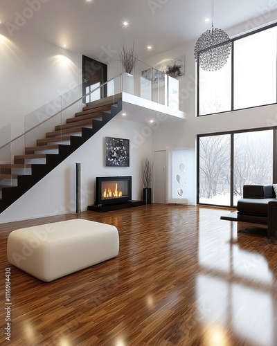 [Modern Living Room Design Ideas] Modern Living Room with High Gloss Wood Floor, Fireplace & Elegant Chandelier