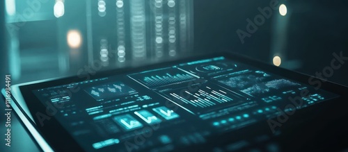 Tablet displaying data analytics charts and graphs in a dark server room.