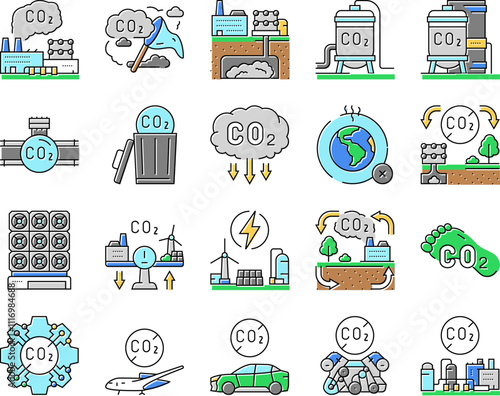 carbon capture co2 storage icons set vector. energy footprint, utilization sequestration, green, technology, pollution reduction carbon capture co2 storage color line illustrations