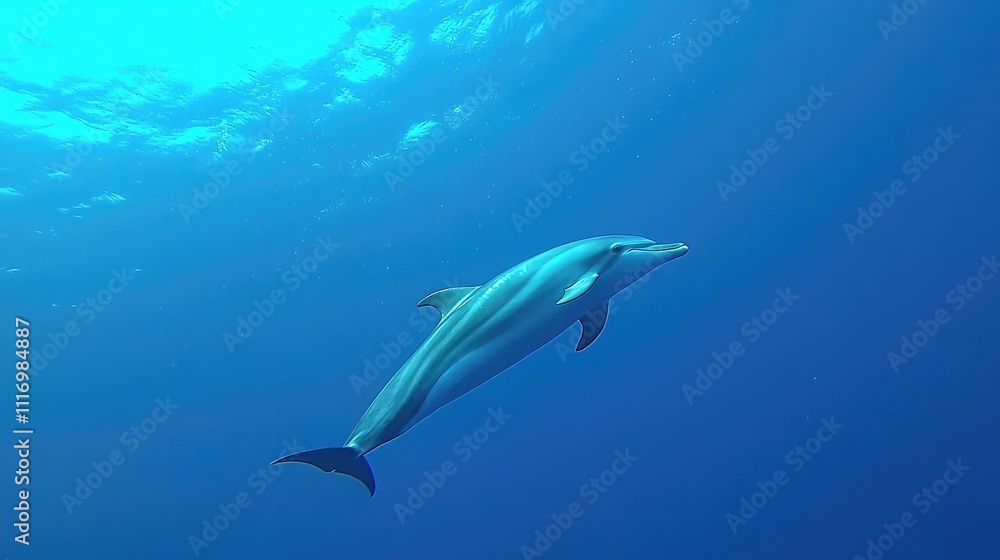Fototapeta premium A solitary dolphin swims in deep blue ocean water