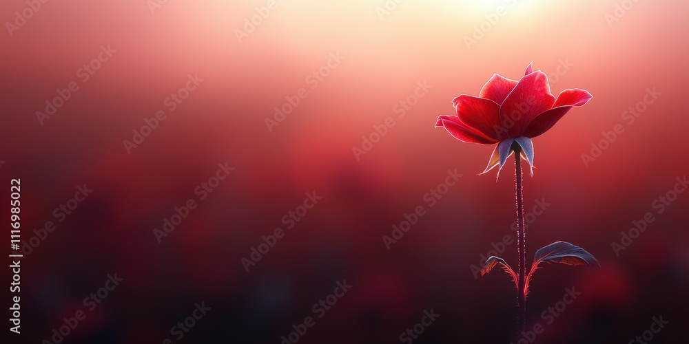 Obraz premium Delicate Red Rose Blossom Bathed in Soft Light, Highlighting Fresh Petals and Elegant Stem Against a Dreamy Background