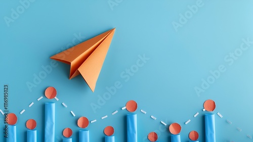 Blue Paper Plane Flying Over Growth Graph: Symbol of Success and Business Development