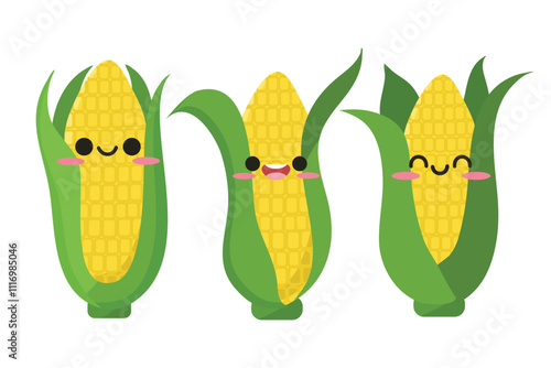 Cute corn with kawaii expression. Hand drawn corn set illustration. Suitable for flat design illustration, clip art, stickers, etc