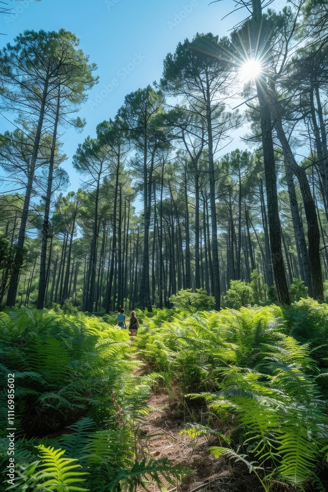 Fototapeta premium Green Wilderness Nature Depicting a Lush Forest Scene With sunshine and river ai generated