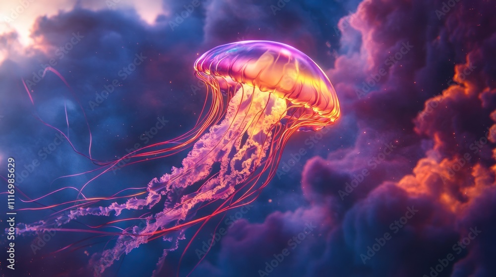 Fototapeta premium Vibrant jellyfish floats amidst swirling, colorful smoke and clouds.