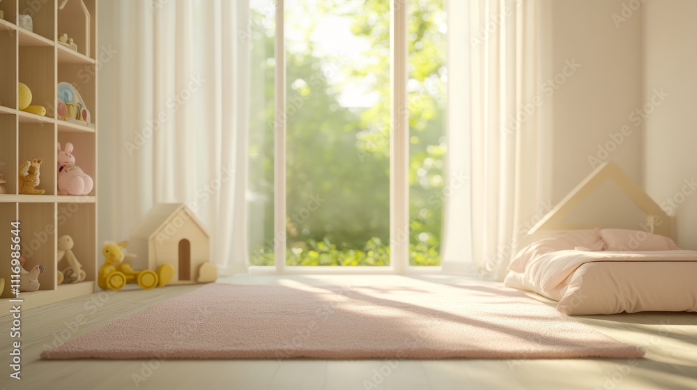 22.A light-filled children's bedroom with a cozy bed resting on a pink rug, near a large window that provides plenty of natural light. The room is decorated with various toys displayed on neatly 22.A light-filled children's bedroom with a cozy bed resting on a pink rug, near a large window that provides plenty of natural light. The room is decorated with various toys displayed on neatly