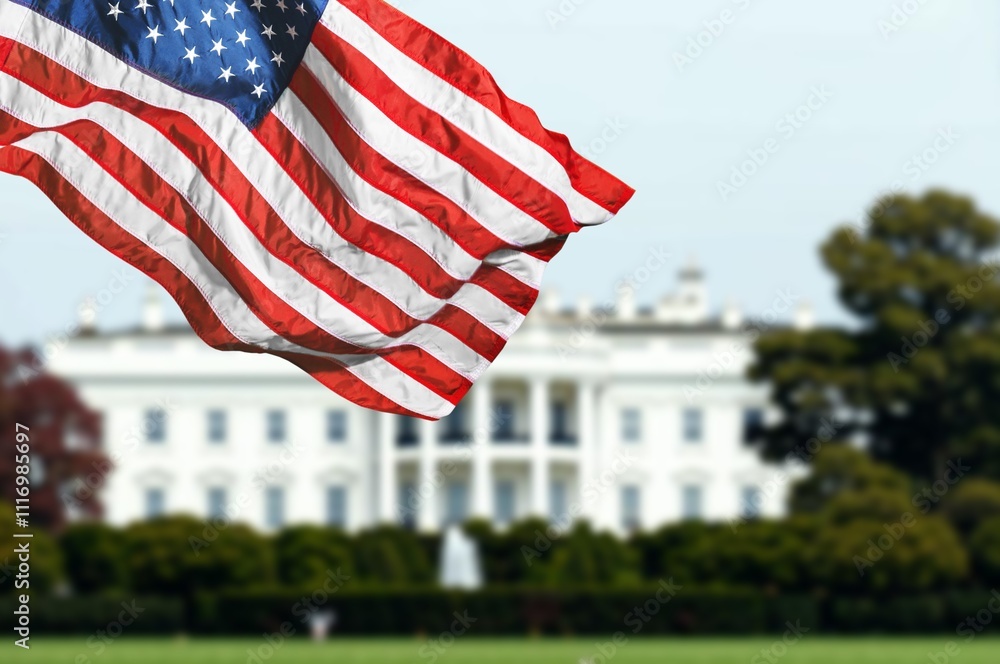 United States building silhouette with US flag