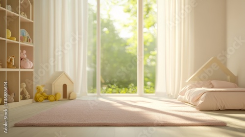 22.A light-filled children's bedroom with a cozy bed resting on a pink rug, near a large window that provides plenty of natural light. The room is decorated with various toys displayed on neatly