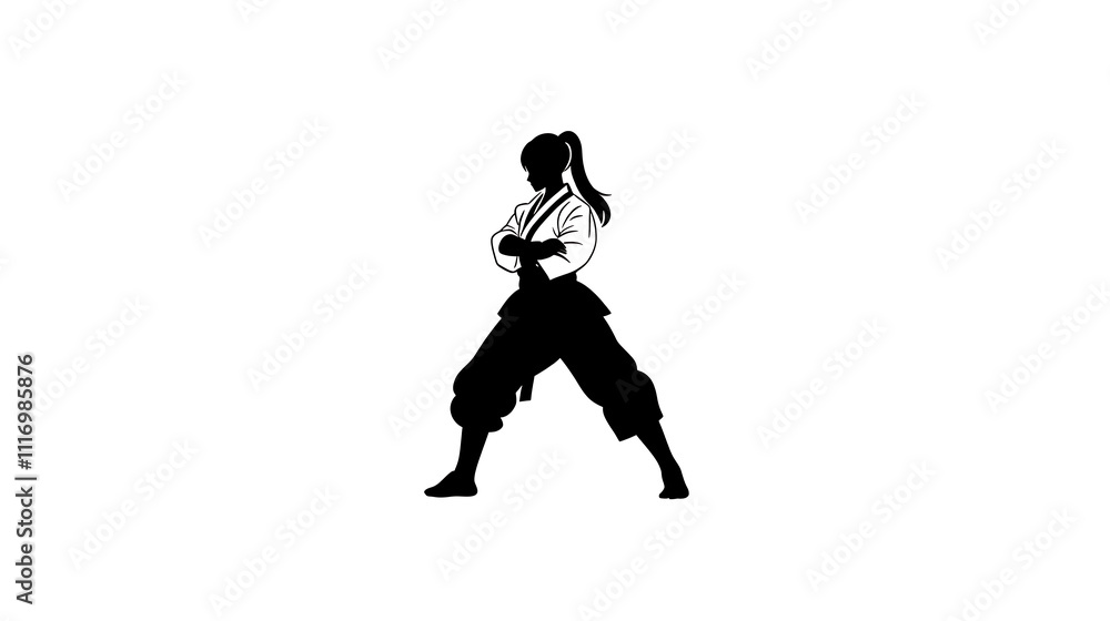 Silhouette of a female martial artist in a dynamic stance, exuding confidence and strength, dressed in traditional martial arts attire. Silhouette of a female martial artist in a dynamic stance, exuding confidence and strength, dressed in traditional martial arts attire.