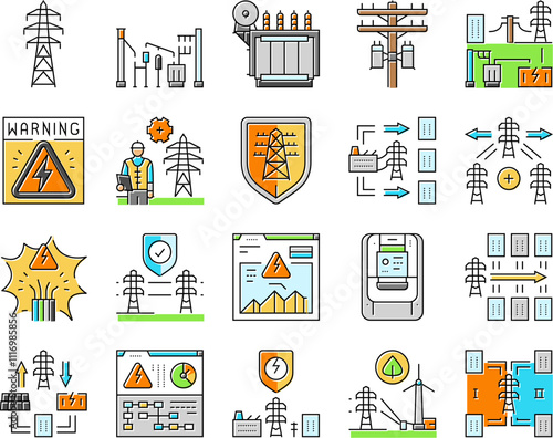 electric grid energy power icons set vector. tower transmission, utility industry, high pylon, voltage distribution, network electric grid energy power color line illustrations