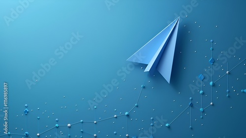Growth Graph with Blue Paper Plane on Blue Background: Progress and Achievement Concept