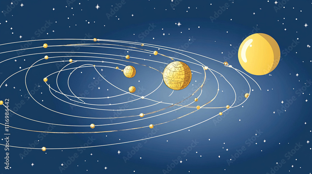 Fototapeta premium Earth axis diagram illustration showing the tilt of the Earth's rotational axis relative to its orbital plane, explaining the cause of seasonal changes and the distribution of sunlight.