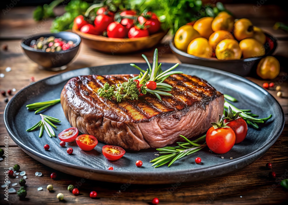 Indulge in a Juicy Grilled Steak on a Stylish Modern Plate, Captured with High Depth of Field to Highlight the Succulent Texture and Rich Colors of Gourmet Cuisine Indulge in a Juicy Grilled Steak on a Stylish Modern Plate, Captured with High Depth of Field to Highlight the Succulent Texture and Rich Colors of Gourmet Cuisine