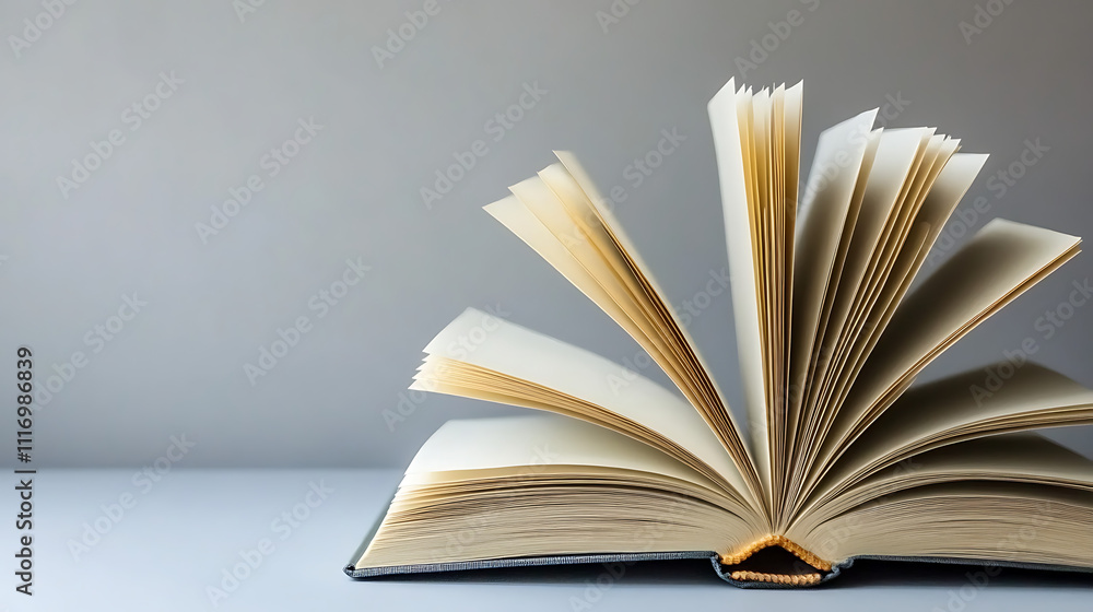 Fototapeta premium An open book with fanning pages, showcasing its blank, inviting interior for creativity and ideas.
