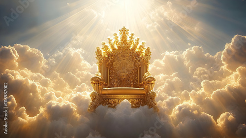 Golden throne in heavenly clouds.