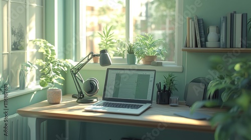 Wallpaper Mural Modern home office desk with laptop, plants, and lamp near a window with sunlight. Torontodigital.ca