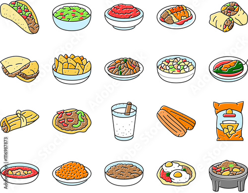 mexican cuisine food dinner icons set vector. taco mexico, table restaurant, dish tortilla, party view, gourmet salad, hot kitchen mexican cuisine food dinner color line illustrations