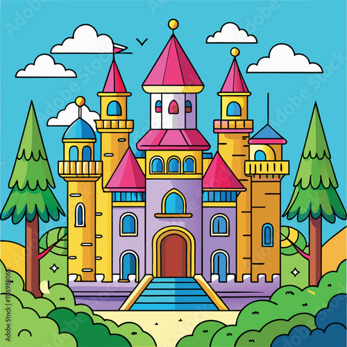 Intricate Royal Castle Illustration with Coloring Page for Kids and Adults