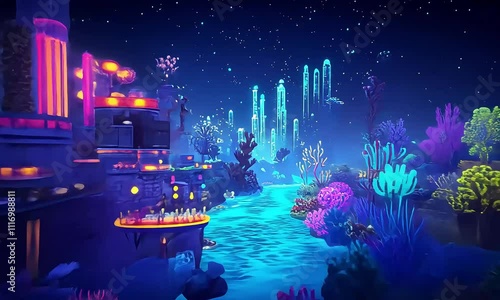Enchanted Underwater Cityscape: A Vibrant Fantasy World of Colorful Corals, Luminous Structures, and Starry Night Skies Awaiting Adventurous Explorers illustration with ai generated.