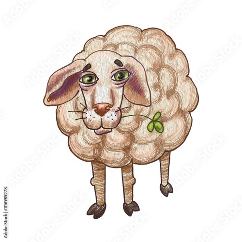 Cartoon sheep with a funny expression in a front-facing view. Can be used for designing children's books, stickers, greeting cards, websites, apps, or social media post, about fabric and embroidery photo