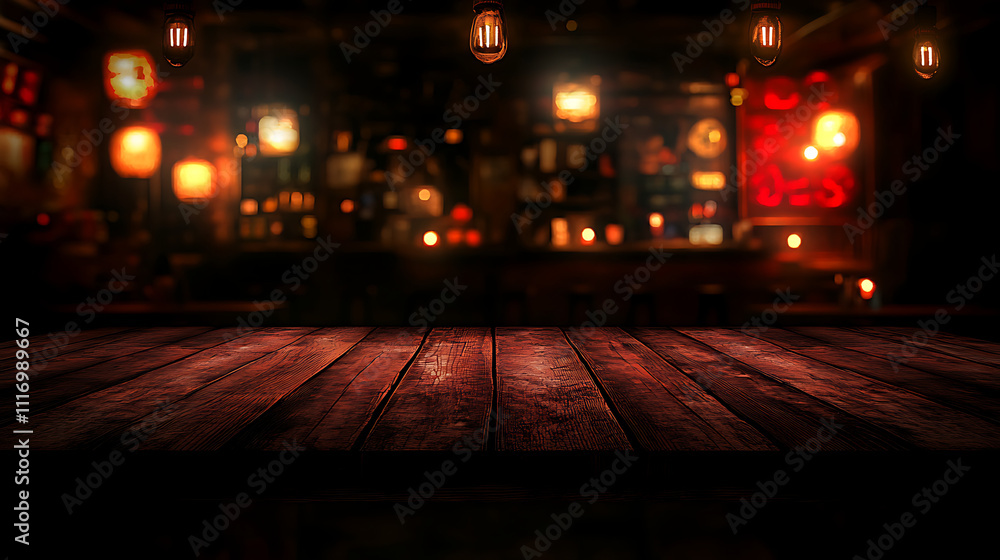 A rustic wooden table in a dimly lit bar, with warm hanging lanterns creating a cozy and inviting atmosphere, perfect for gathering and relaxation. A rustic wooden table in a dimly lit bar, with warm hanging lanterns creating a cozy and inviting atmosphere, perfect for gathering and relaxation.