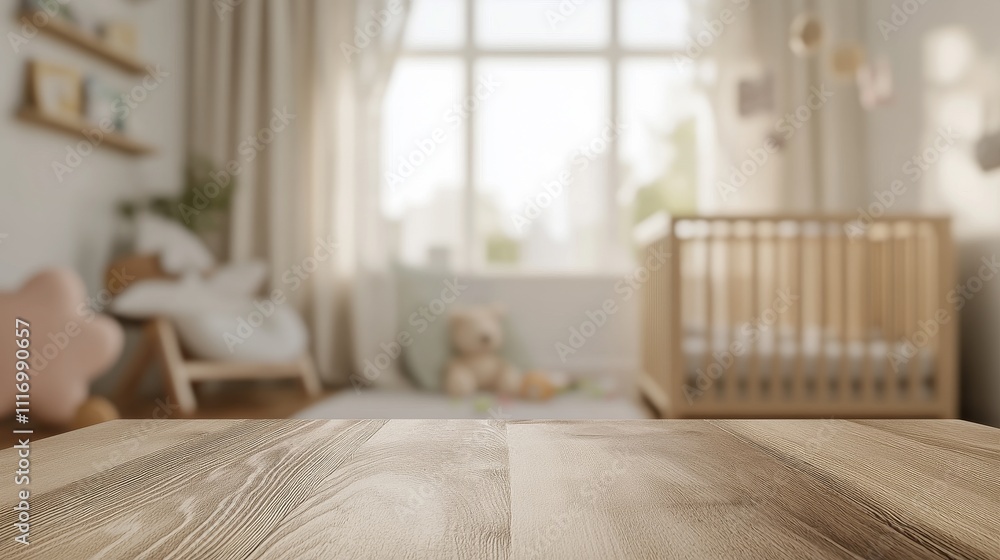 105.A minimalist wooden table in focus with a softly blurred baby room scene behind it. The background shows a cozy crib, soft toys, and light, airy decor. The focus on the wooden table creates the 105.A minimalist wooden table in focus with a softly blurred baby room scene behind it. The background shows a cozy crib, soft toys, and light, airy decor. The focus on the wooden table creates the