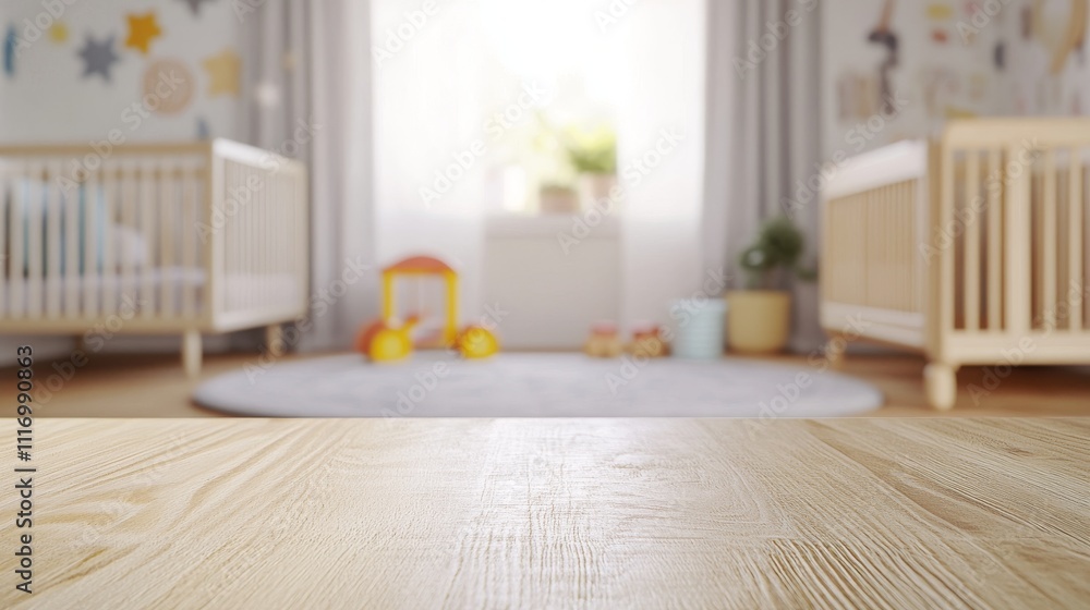 107.A light-toned wooden table stands empty in the foreground, with the soft blur of a baby room visible in the background. The room contains a crib, a plush rug, and colorful toys, creating a warm 107.A light-toned wooden table stands empty in the foreground, with the soft blur of a baby room visible in the background. The room contains a crib, a plush rug, and colorful toys, creating a warm