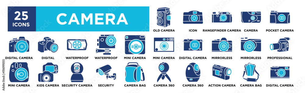 Camera icon collection set. Containing design digital, lens, equipment, photo, icon, technology Camera icon collection set. Containing design digital, lens, equipment, photo, icon, technology