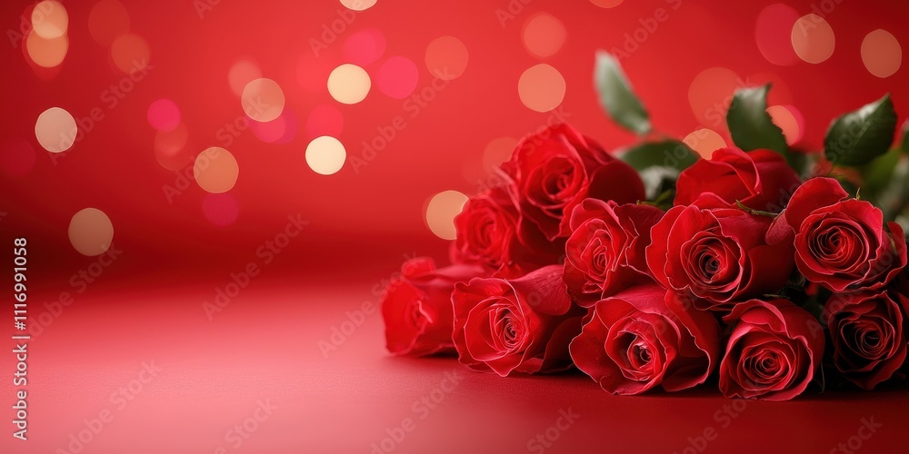 Vibrant Red Roses on a Soft Red Background with Bokeh Lights Creating a Romantic Atmosphere for Floral Arrangements and Celebrations Vibrant Red Roses on a Soft Red Background with Bokeh Lights Creating a Romantic Atmosphere for Floral Arrangements and Celebrations