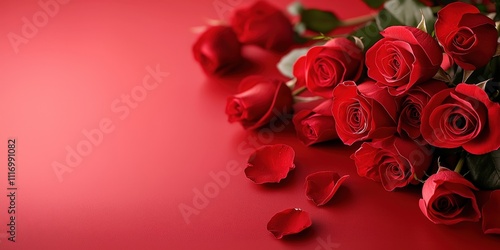 Stunning Close-Up of Fresh Red Roses on a Smooth Red Surface, Perfect for Floral Arrangements, Celebrations, and Design Projects