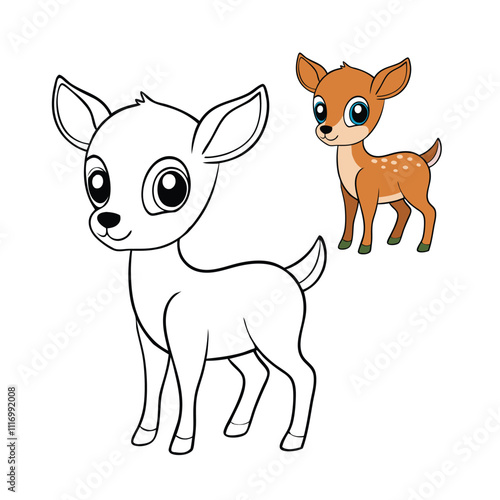 A cute little deer stands happily in a forest clearing, surrounded by trees and flowers, with a big smile. Perfect for kids to color and bring the cheerful scene to life!