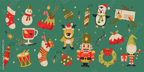 ОсновныеLarge set collection of winter Christmas New Year elements. Nutcracker, gnome, deer, decor, pudding, socks, snowman, penguin on green background RGB
