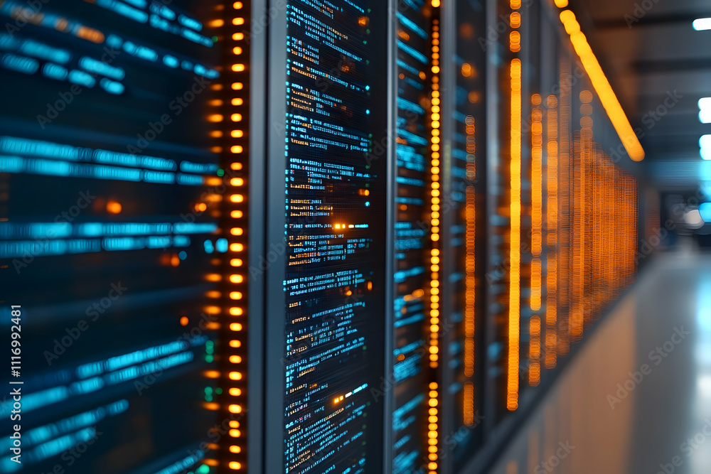 Illuminated server racks displaying lines of code in a data center. Illuminated server racks displaying lines of code in a data center.