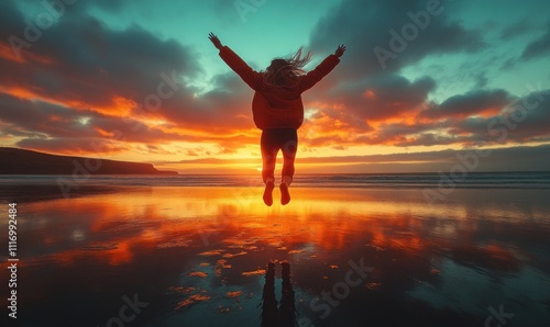 Joyful man leaping on beach at sunset capturing freedom and adventure during summertime holidays