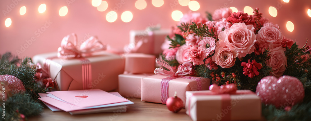 beautiful arrangement of pink themed gifts and flowers for Valentine Day, creating romantic atmosphere beautiful arrangement of pink themed gifts and flowers for Valentine Day, creating romantic atmosphere