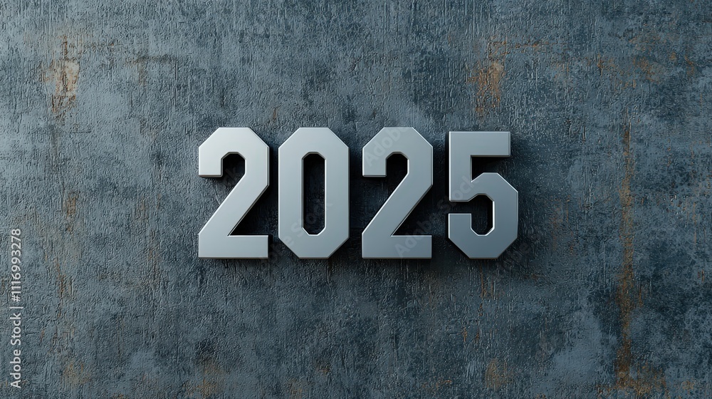 Fototapeta premium Sharp, geometric 2025 text embedded into a metallic label design