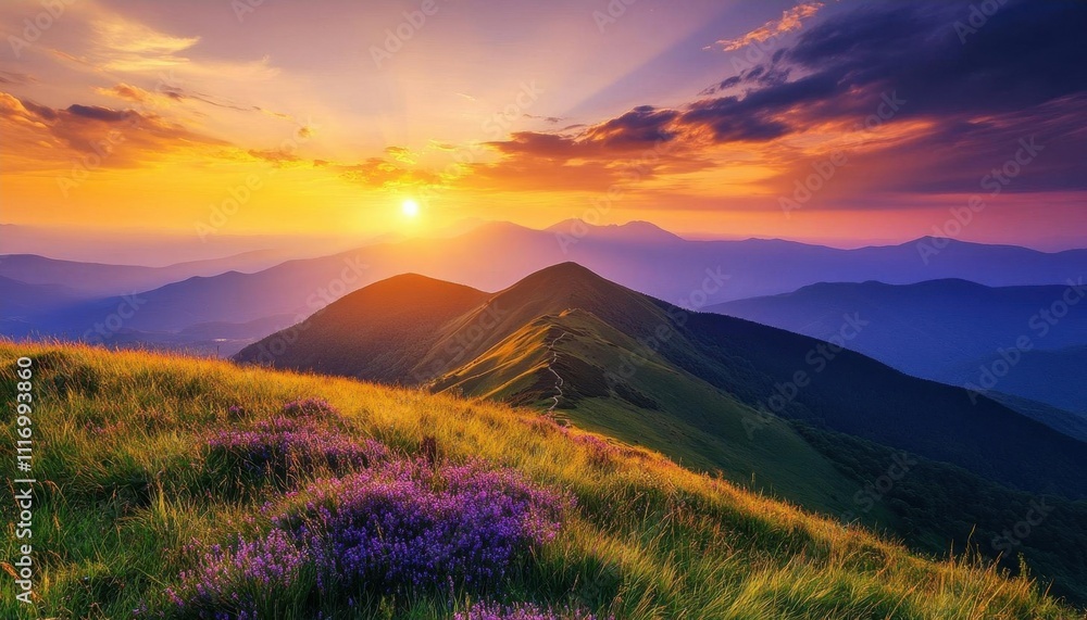 Fototapeta premium A breathtaking sunset over rolling hills adorned with blooming flowers.