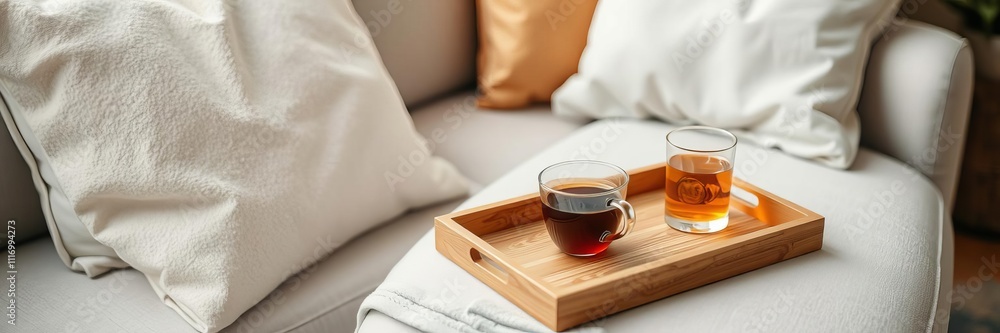Cup of tea served on a wooden tray, resting on a cozy sofa, leisure, relaxation Cup of tea served on a wooden tray, resting on a cozy sofa, leisure, relaxation