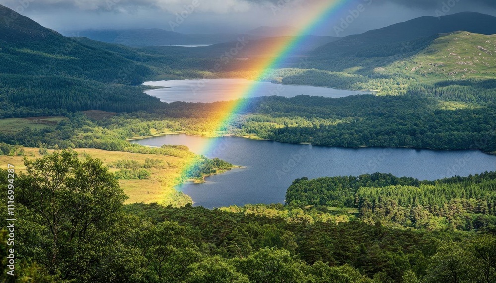 A vibrant rainbow arches over serene lakes and lush green hills. A vibrant rainbow arches over serene lakes and lush green hills.