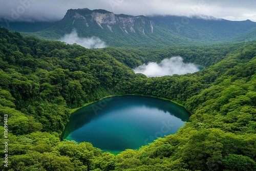 Breathtaking view of Poas Volcano crater with vibrant turquoise lake surrounded by lush Costa Rican rainforests photo