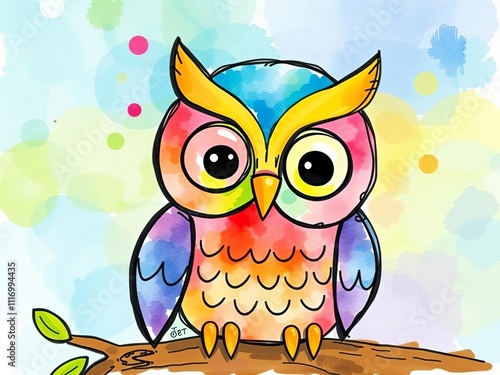 Cute and colorful watercolor illustration of an owl for children's artwork and educational materials, wildlife, whimsical photo