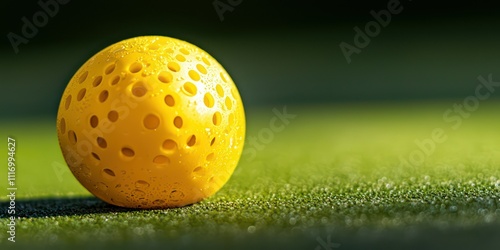 A close-up of a bright yellow pickleball resting on a court surface, emphasizing the unique design and texture of the ball.