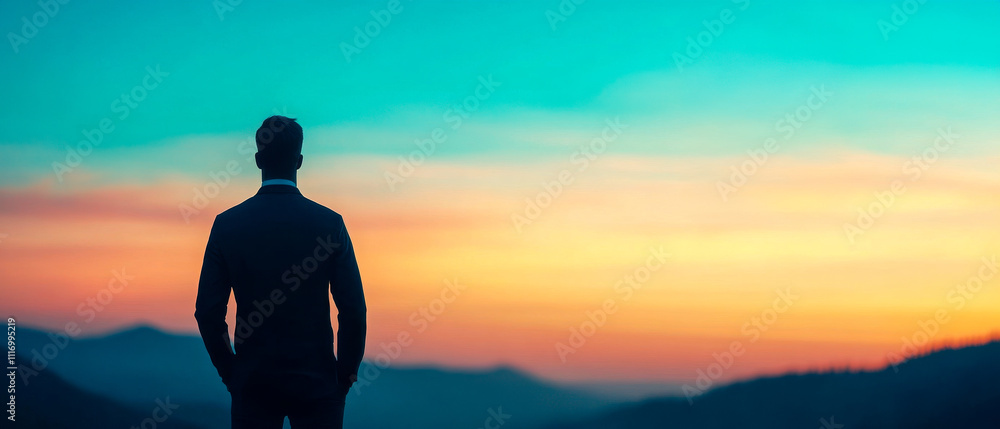 A silhouette of a man in a suit gazes at a vibrant sunset over mountains, conveying a sense of contemplation and serenity. A silhouette of a man in a suit gazes at a vibrant sunset over mountains, conveying a sense of contemplation and serenity.