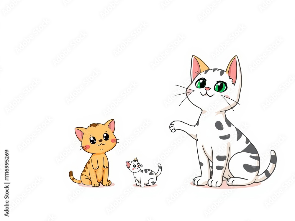 Obraz premium Cute cartoon cat set in various poses for kids coloring and animation, hand drawn illustration, funny kittens, pet characters, pets, cartoon